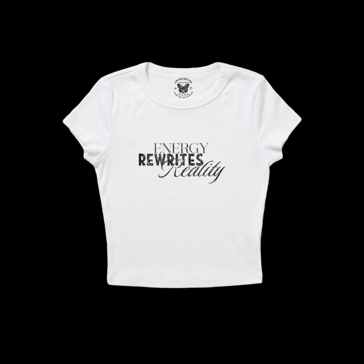 White t-shirt with 'Energy Rewrites Reality' in black text and spiritual symbols inside of the wording.