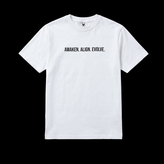 White t-shirt with 'AWAKEN. ALIGN. EVOLVE.' written in black text. Puff lettering.