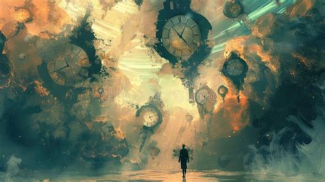 A silhouette of a person surrounded by clocks to relay that time is an illusion
