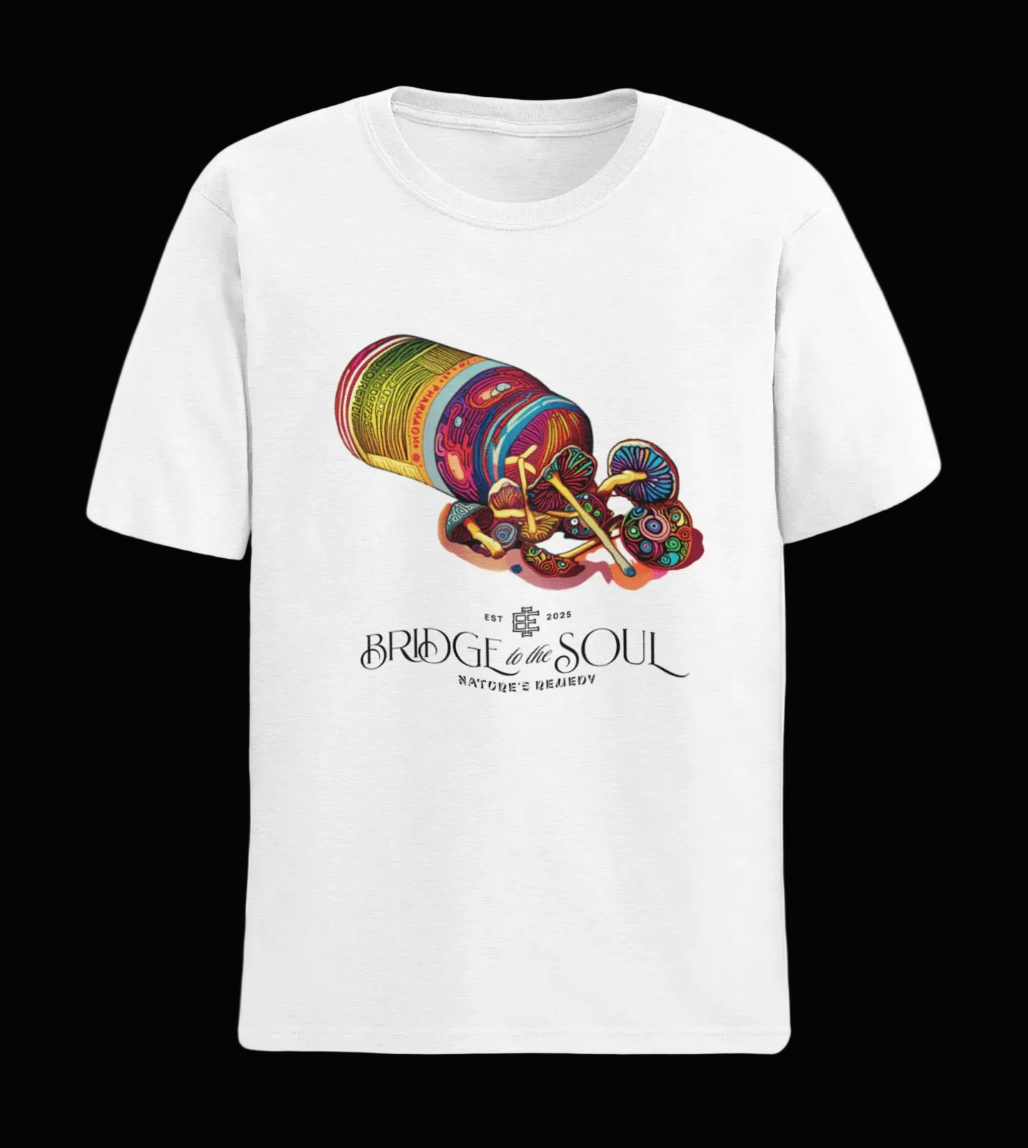 White t-shirt with a colorful graphic of a mushrooms spilling out of a pill vial and the text 'BRIDGE TO THE SOUL-NATURES REMEDY' on the front, set against a black background
