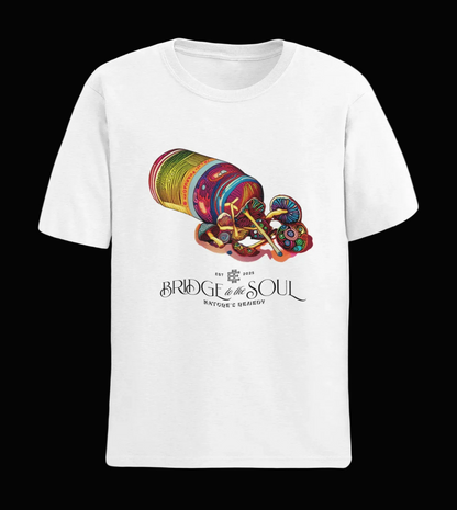 White t-shirt with a colorful graphic of a mushrooms spilling out of a pill vial and the text 'BRIDGE TO THE SOUL-NATURES REMEDY' on the front, set against a black background