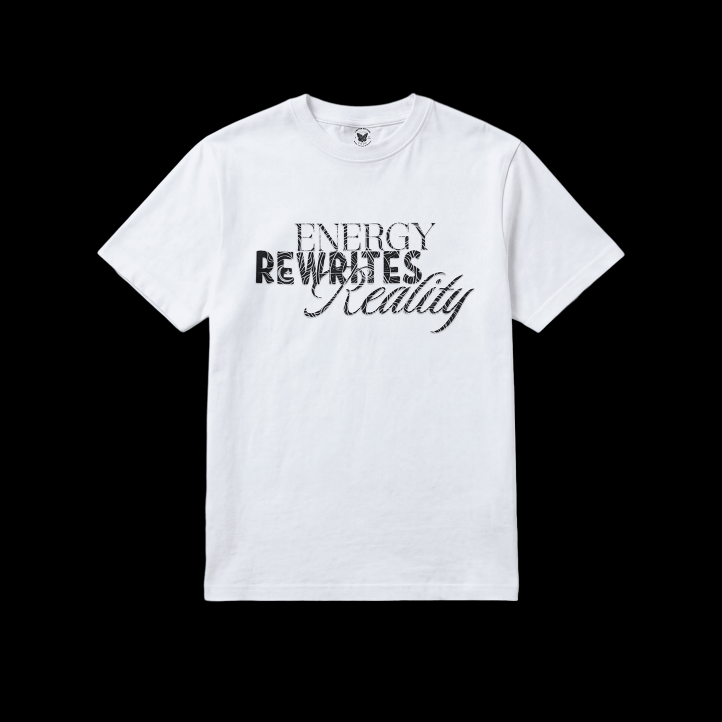 White t-shirt with 'Energy Rewrites Reality' in black text and spiritual symbols inside of the wording. 