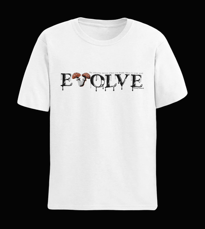 White t-shirt with 'EVOLVE―The universe moves when you listen to your soul' graphic design on a black background