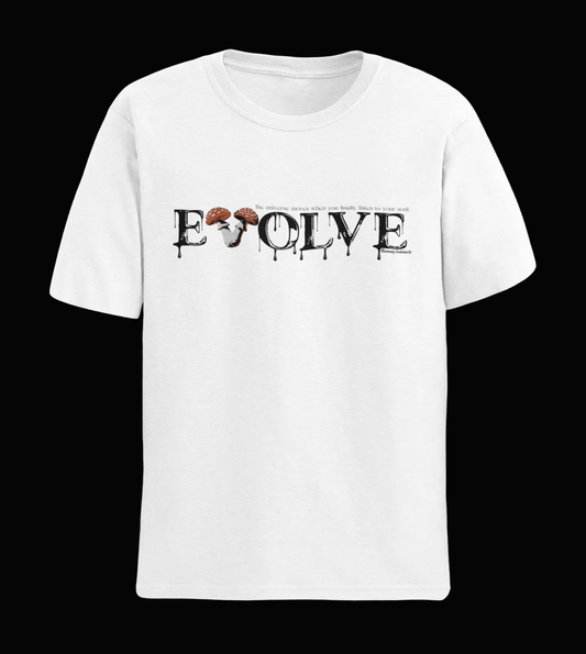 White t-shirt with 'EVOLVE―The universe moves when you listen to your soul' graphic design on a black background