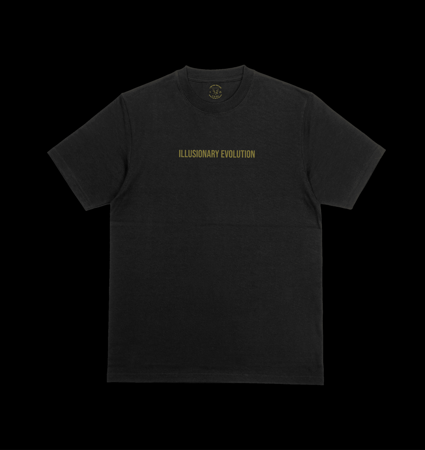 Black t-shirt with 'ILLUSIONARY EVOLUTION' text on a black background