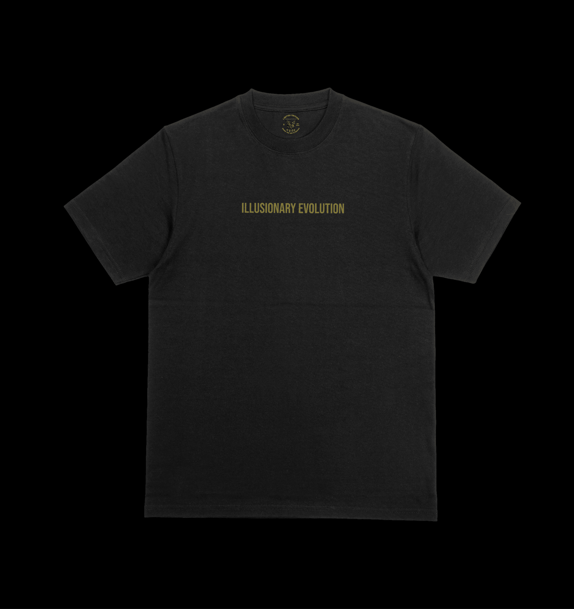 Black t-shirt with 'ILLUSIONARY EVOLUTION' text on a black background