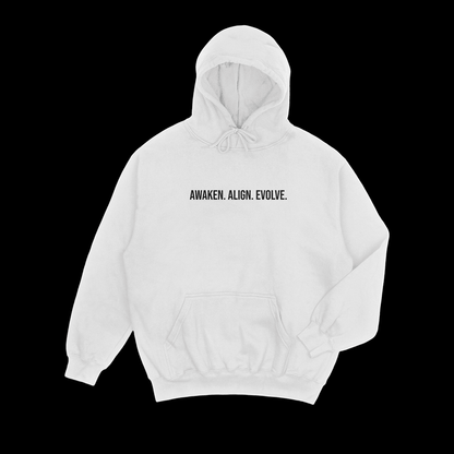 White hoodie with black puff text 'AWAKEN. ALIGN. EVOLVE.' on a black background