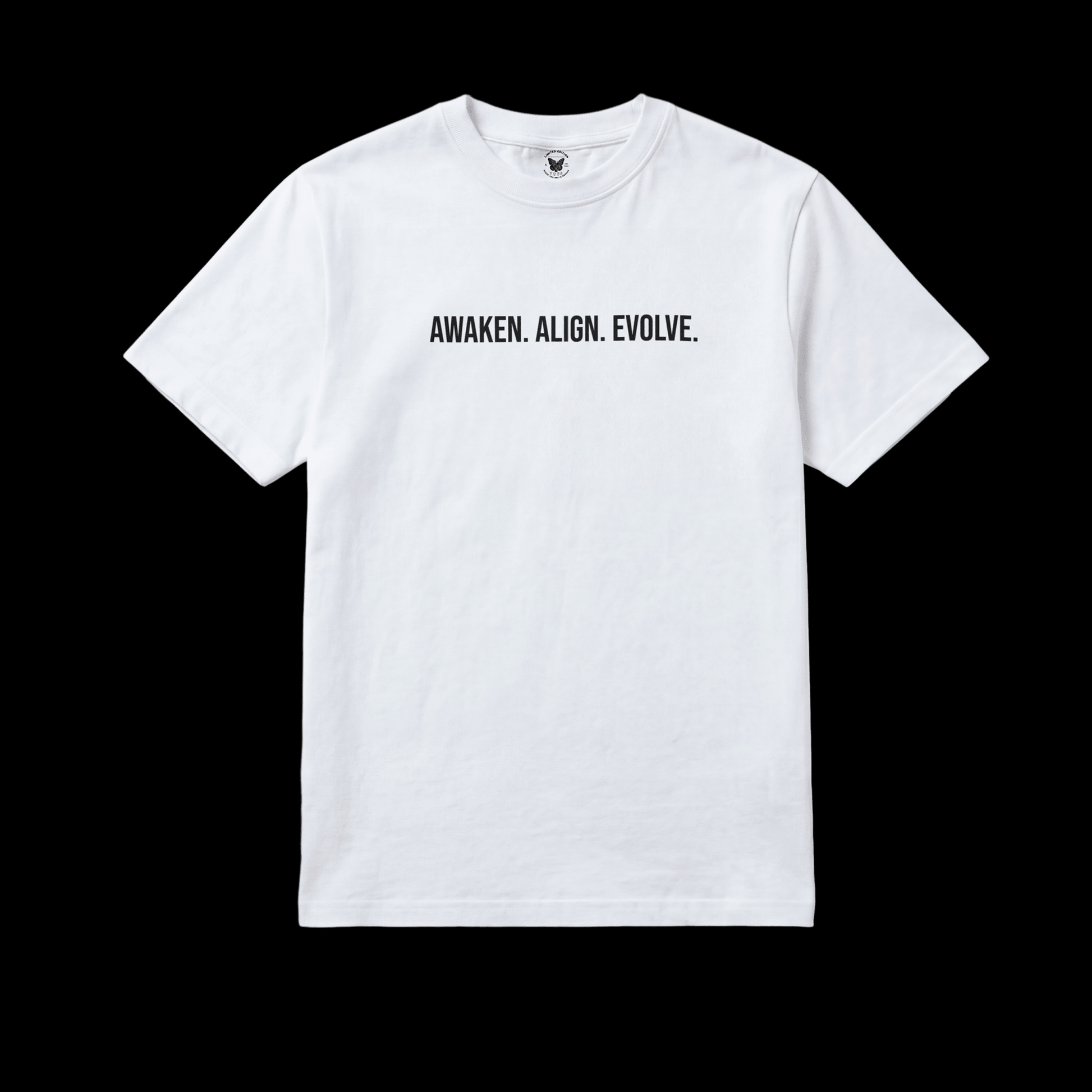 White t-shirt with 'AWAKEN. ALIGN. EVOLVE.' written in black text. Puff lettering. 