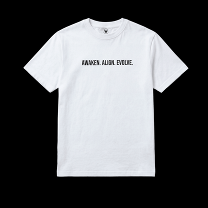White t-shirt with 'AWAKEN. ALIGN. EVOLVE.' written in black text. Puff lettering. 